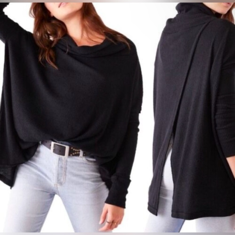 NWT Free People Juicy Long Sleeve Top Cowl Neck Thermal Oversized Open Back blac - Picture 2 of 11
